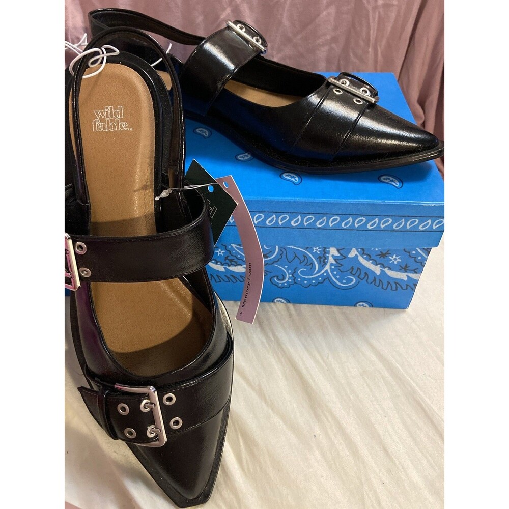 Peyton Double Buckle Slingback Flats Black Women’s Sz 8 NWT  Wild Fable Fashion - Picture 3 of 16